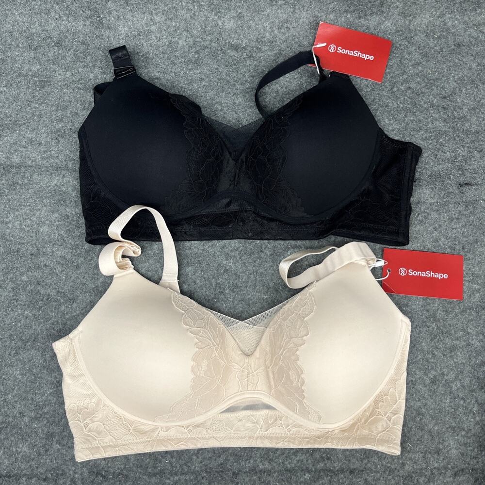 NWT SonaShape Daily Comfort Seamless Lifting Bra 2 Pack Black Beige Lace Size L
